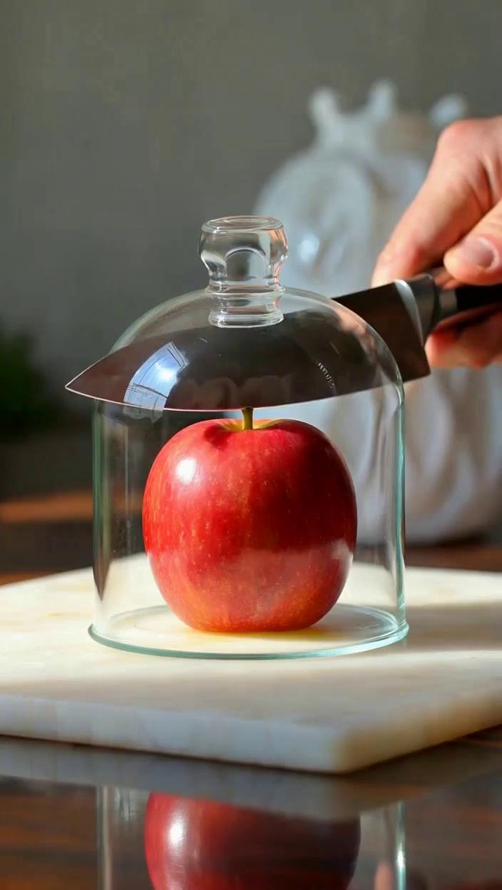 Prompt: A cinematic, slow-motion close up of a bright red apple encased in glass resting on a white jade cutting board. Studio lights cast soft reflections across the surface.
A human hand appears, holding a sharp stainless steel knife positioned just above the apple.
The first slice breaks the translucent surface cleanly sending clear fragments scattering in satisfying slow-mo. The only audio is crisp, detailed ASMR sicing, no music, no spech.
The frame is tightly focused with a macro lens, shallow depth of field, cinematic ighing