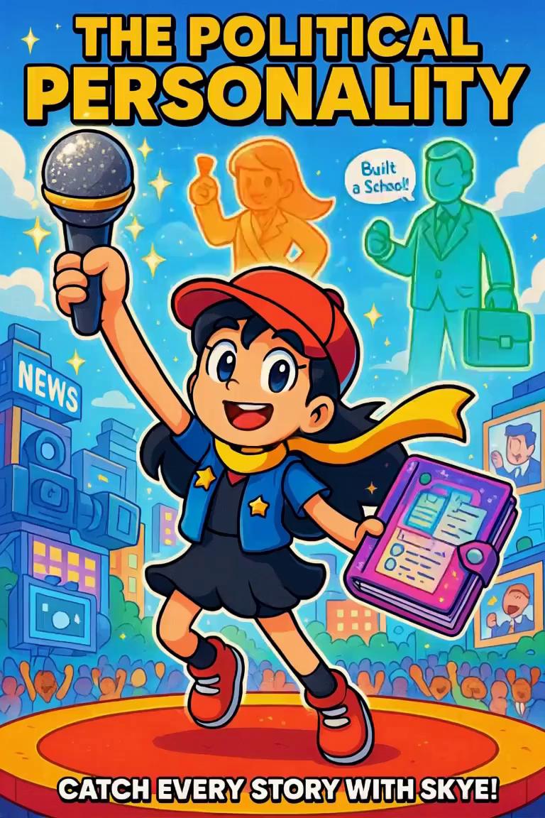 Prompt: Tagline: “Catch Every Story with Skye!”  

Motion Concept: The politician silhouettes spin around Skye, their speech bubbles flashing with story snippets before zooming into the Story Dex. The Dex’s gem pulses, and its pages flip rapidly, showing new names. Skye twirls her microphone, which shoots out sparkles, while the Newsopolis billboards flicker with cheers. A catchy, Pokémon-style jingle plays, ending with Skye’s voice saying, “Let’s catch that story!”

