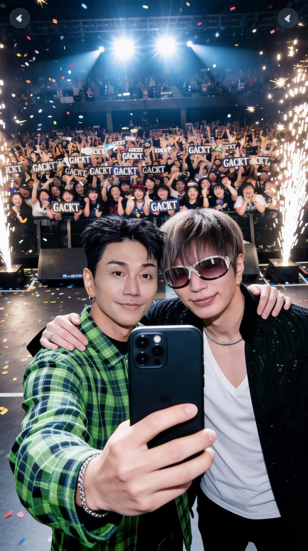 Prompt: The person in the green shirt holding an iPhone raises his thumb at the person who took the photo together and moves to the left (not to see the side or back of the man's face). The camera naturally connects to the second image by following the main character. Don't suddenly change the screen, move to the next set or concert venue, and meet the next protagonist and take a selfie . The green shirt man does not walk or run backwards