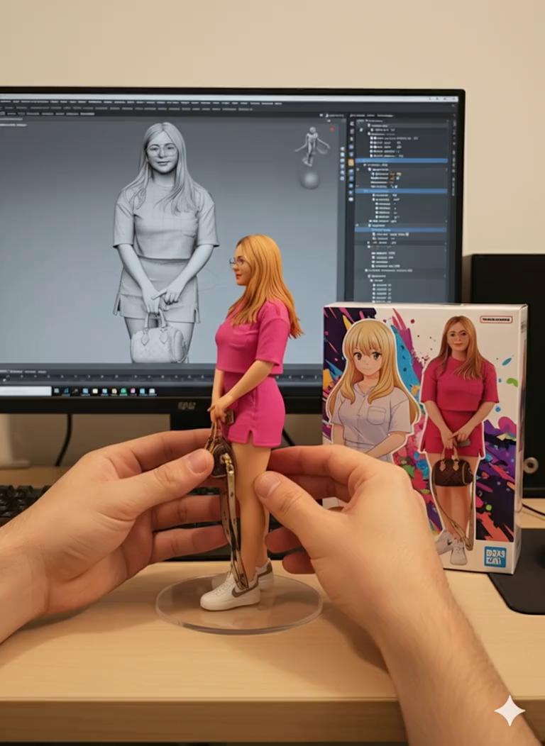 Prompt: Two hands gently pick up the figure in the frame and rotate it slightly for inspection. The model on the computer screen and the model printed on the packaging box remain stationary, while all other background elements stay unchanged.