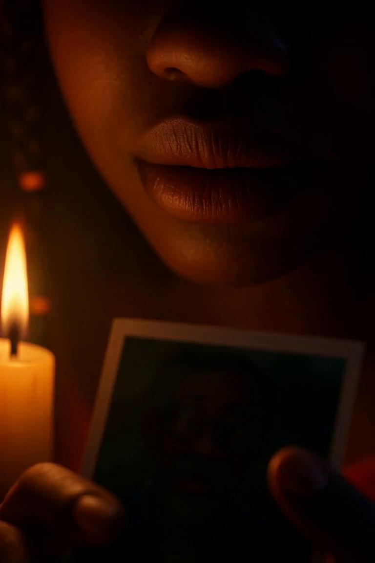 Prompt: Prompt: Her lips move slowly. Her voice is calm but threatening. A drumbeat taps under her voice. Her thumb taps lightly on the photo.