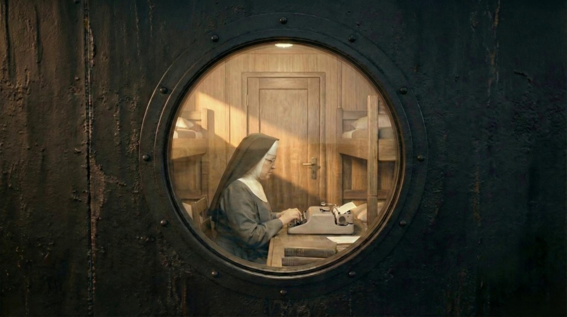 Prompt: Slow cinematic forward dolly toward the ship porthole.
The camera approaches the circular window smoothly and steadily.
No camera shake.
As the camera gets closer, the glass reflection gradually fades and becomes transparent.
The nun is already inside, typing on the typewriter.
Her movements are subtle and natural.
Warm lateral sunset light inside the cabin. 35mm cinematic 16:9

The camera continues moving forward, passing through the porthole glass seamlessly.

Maintain perfect spatial continuity.
Keep the interior composition identical to the reference image.

End with a gentle micro push-in toward the nun writing.

1953 Pacific Ocean voyage atmosphere.
Cinematic realism.
Slow, contemplative movement.