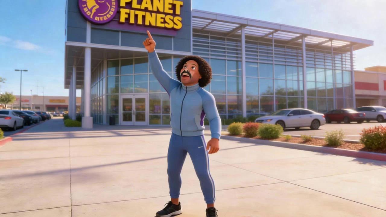 Prompt: After pointing at the Planet Fitness I walk to the street an get in my beautiful blue and purple sports car and pull off. Please make sure my entire body is inside the car before showing the car pulling away from the curve with me fully inside of the car