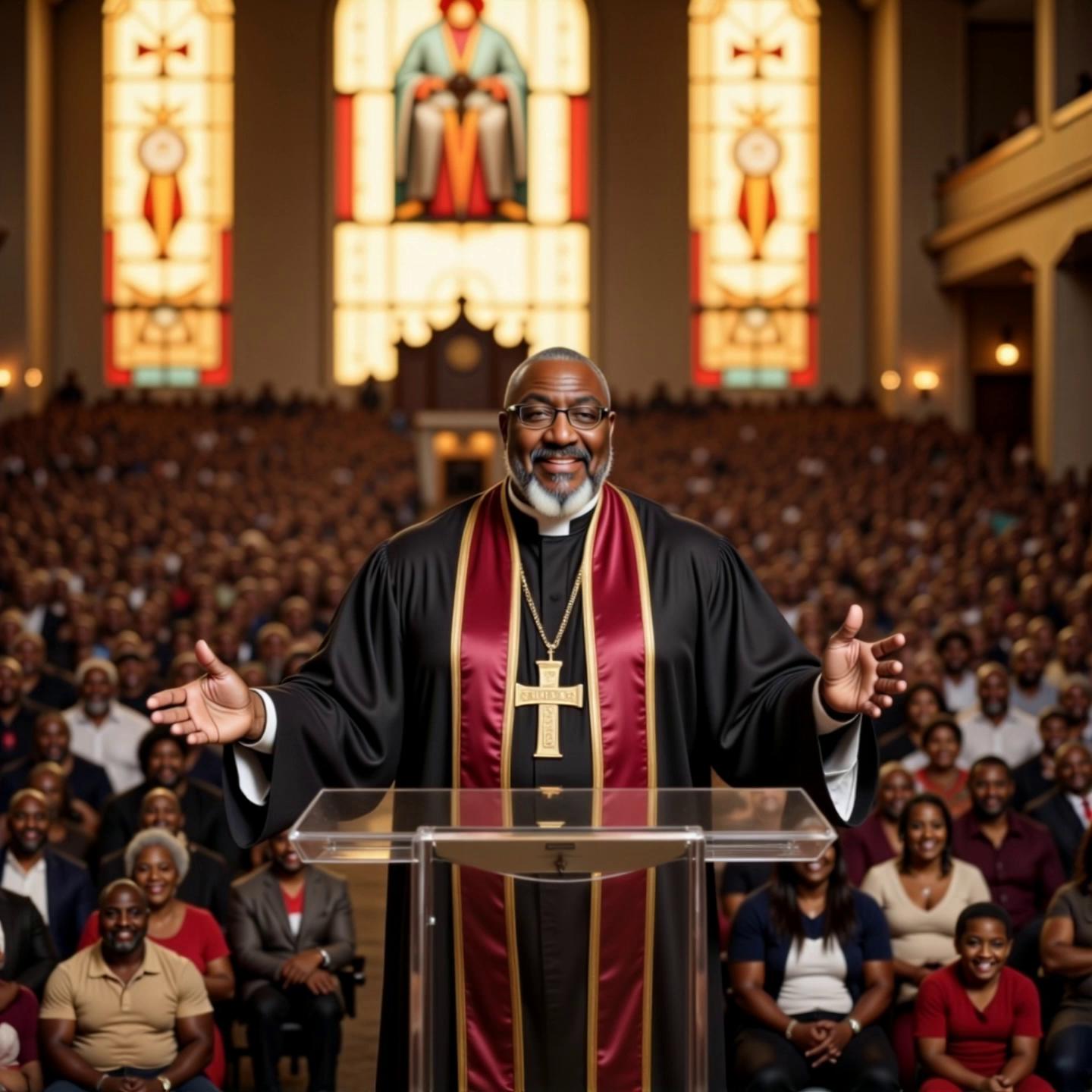 Prompt: The Bishop is standing in front of the pulpit, and T V cameras and his massive congregation is taking a picture.