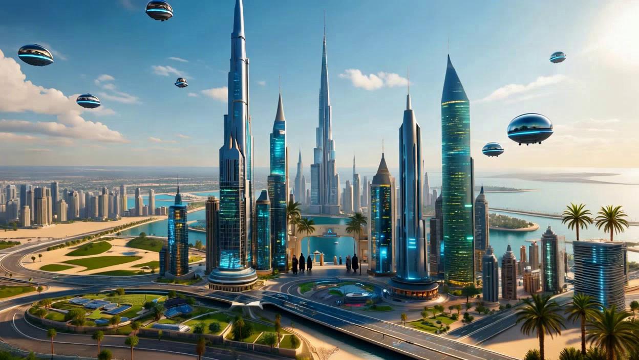 Prompt: "Create a cinematic video of the United Arab Emirates in the year 2100. Show futuristic Dubai and Abu Dhabi skylines with ultra-tall smart towers, flying cars gliding between buildings, solar-powered highways, and autonomous pods moving people. The desert is transformed into green sustainable cities with vertical farms and shimmering solar fields. The Burj Khalifa is surrounded by new, even taller futuristic towers with holographic lights. Show Emirati people in traditional kandura and abaya walking alongside advanced AI robots in clean smart streets. The sea around Palm Jumeirah glows with floating futuristic yachts and drones in the sky. The camera glides smoothly across the skyline at sunset, then zooms into the heart of the city filled with light, energy, and innovation.