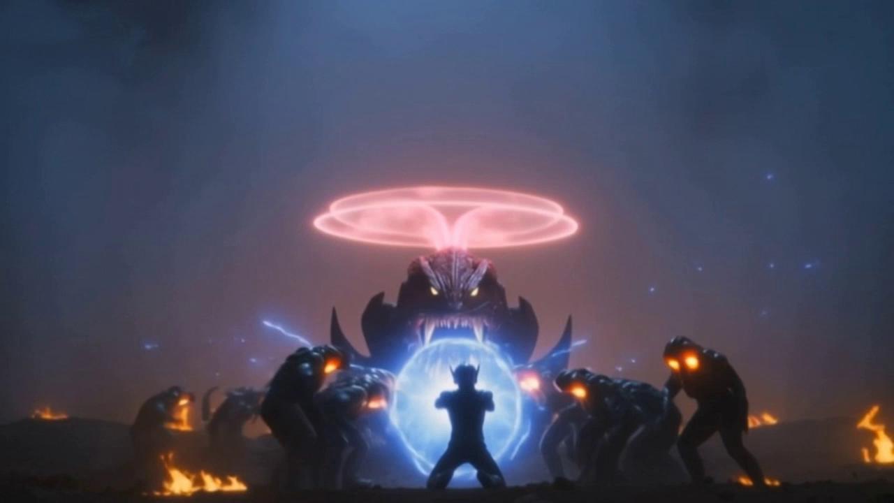 Prompt: Vertical cinematic shot. A massive circular battlefield scorched by smoke, fire, and swirling chemical storms. Rivet stands in front of Titanjaw, shielding him with his armored frame as alien soldiers advance through the haze. Sparks rain from the reactor core behind them, pulsing violently and growing unstable. Slow-motion debris drifts through the toxic air. Rivet braces for impact, Titanjaw struggling to rise. Alien silhouettes emerge from the storm, weapons glowing. The reactor core flashes brighter—seconds from overload. Ultra-detailed, apocalyptic sci-fi realism, dramatic lighting, volumetric smoke, high-intensity emotion.


