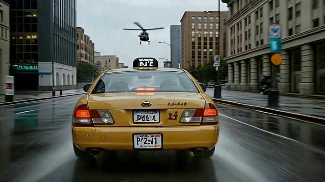 Prompt: The cab carrying the Statue of Liberty arrives at JFK
