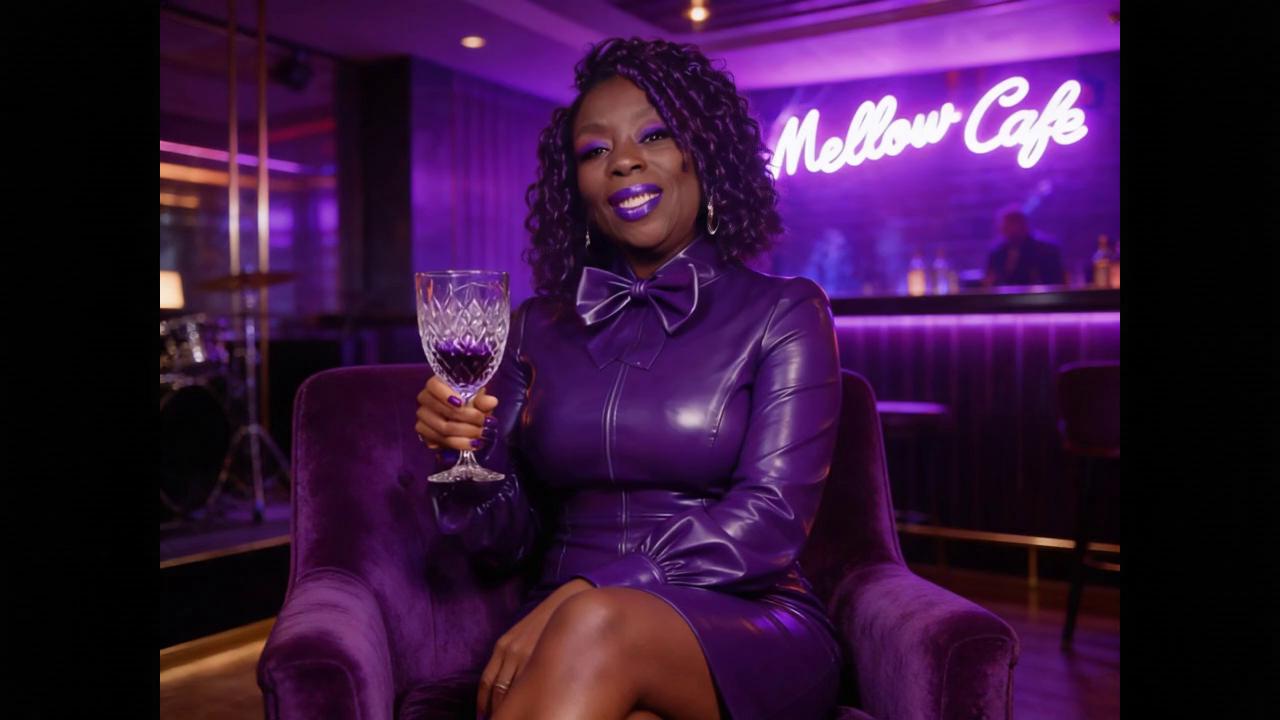 Prompt: The lady in this picture is walking in a wine vineyard with a purple leather dress on with bright purple lipstick and eyeshadow.  She is being chased by a giant glass of purple wine