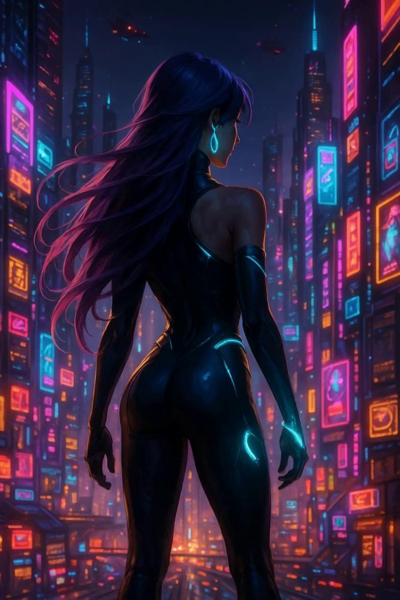 Prompt: The hair is gently blown by the wind and the neon lights on the background are gleaming and blinking in different timing. she is looking at the city with her hair turning slowly to the left and while she is turning her head, she crosses her arms in front of her, watching the city very confidently. there are flying cars flying over the city in a very orderly manner. 