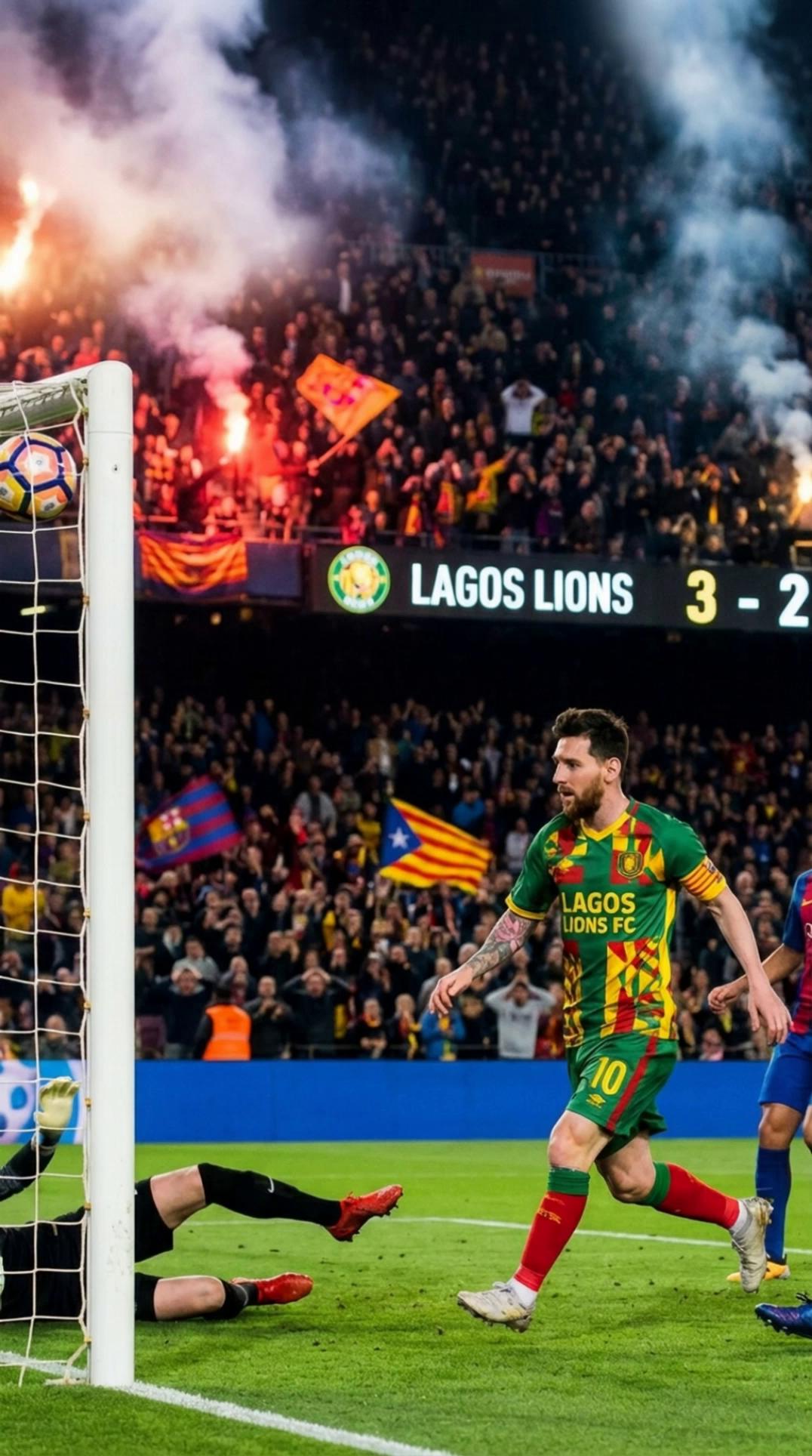 Prompt: Breakout match — Lionel Messi playing an incredible match against FC Barcelona, scoring a stunning goal, crowd shocked, epic stadium atmosphere.