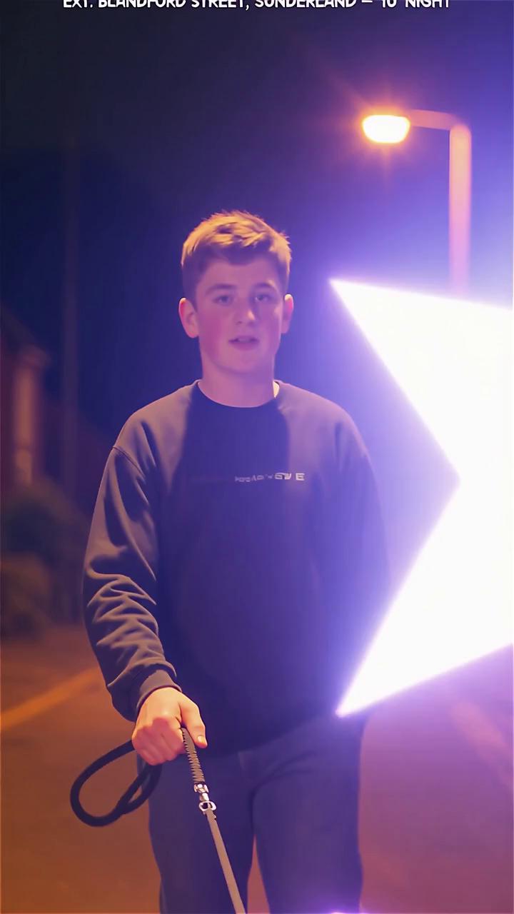 Prompt: [EXT. BLANDFORD STREET, SUNDERLAND – NIGHT – 10 SECONDS]

(Dim orange streetlights. A lad walks along holding a lead; something bright glows just out of frame.)

Man 1: (stepping up, thick Mackem accent)
“Ey marra, ye got any Mac-1 in, bro?”

Man 2: (grinning)
“Nah bro, only got quality Stardog in at the minute!”

(Camera pans out — his “dog” is a cross between a collie and a blazing star, pulsing light and all. As the glow fills the street…)

Background voice: “BWAH!”

(Off-screen laughter echoes down the street.)