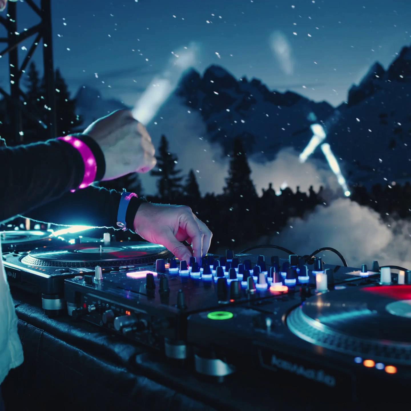 Prompt: COPYRIGHT-SAFE APPROACH
========================================

CRITICAL RULES:
- NO festival brand names in prompts (avoid "Tomorrowland-style", "Snowbombing logo")
- Use GENERIC descriptions only ("alpine EDM festival", "mountain music event")
- Describe STYLE not specific copyrighted elements
VIDEO #2 - DJ PERFORMANCE (16:9) - Night Mountain Rave
Prompt:
Close-up cinematic shot of professional DJ performing at outdoor mountain stage at night, hands on turntables and mixing deck with glowing teal and magenta LED lights, crowd silhouettes dancing in background, light snowflakes falling through stage lights, dramatic smoke/fog effects, neon light beams cutting through night sky, energetic party atmosphere, ultra HD quality, focus on equipment and performer's hands, festival wristbands visible on DJ's wrists

Specs: 16:9, under 7MB, 8-12 seconds loop
Style Reference: Search Pexels "DJ performance night festival"

