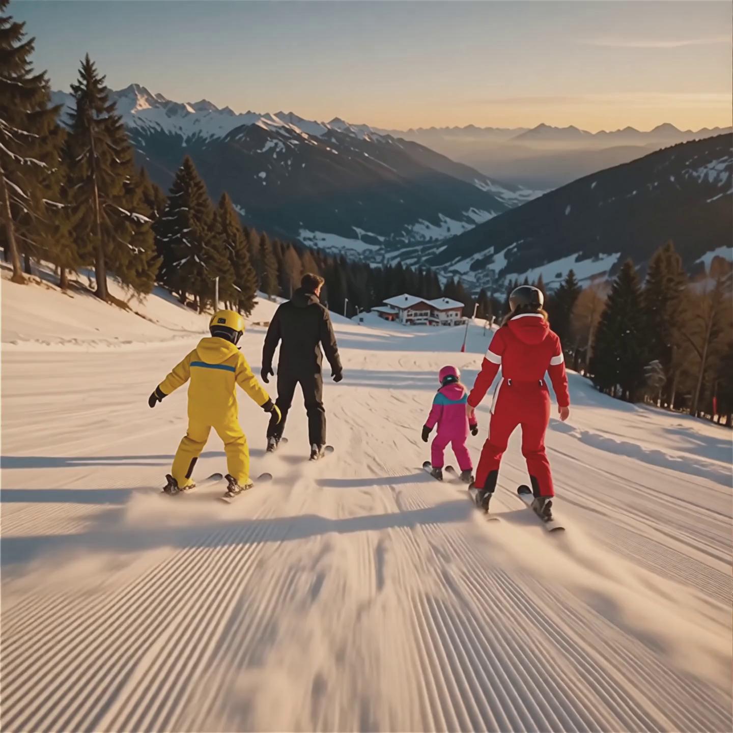 Prompt: Cinematic drone shot following a family of four (two adults, two children ages 6-10) skiing together down a wide gentle blue piste in the Austrian Alps. Golden morning light, fresh powder, children wearing bright colourful ski gear. Parents skiing just behind watching proudly. Snow-capped peaks in background. Professional ski resort footage style, warm family atmosphere, 4K quality, slow motion moments as children make turns.