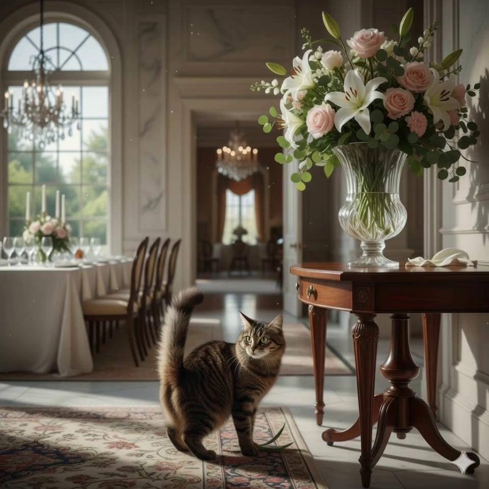 Prompt: A common tabby house cat, early in morning in the luxurious  mansion which will be the venue for the dinner party, was spotted acting suspiciously near a crystal vase of flowers.  When he spots someone looking peering at him, he looks very guilty, and turns briskly away, his tail held high.
