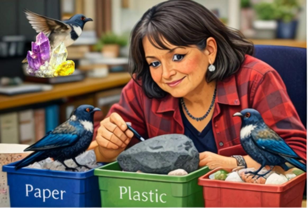 Prompt: The woman is sorting the rubbish birds trying to be helpful bringing papper and stones
