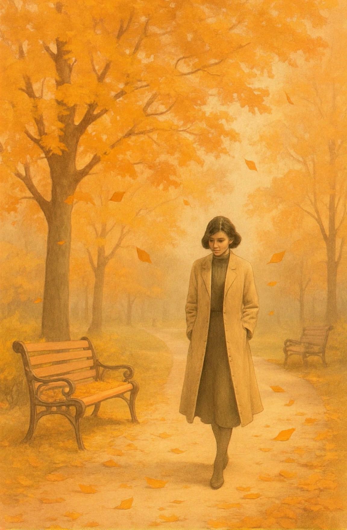Prompt: Autumn serenity. Walk in the park