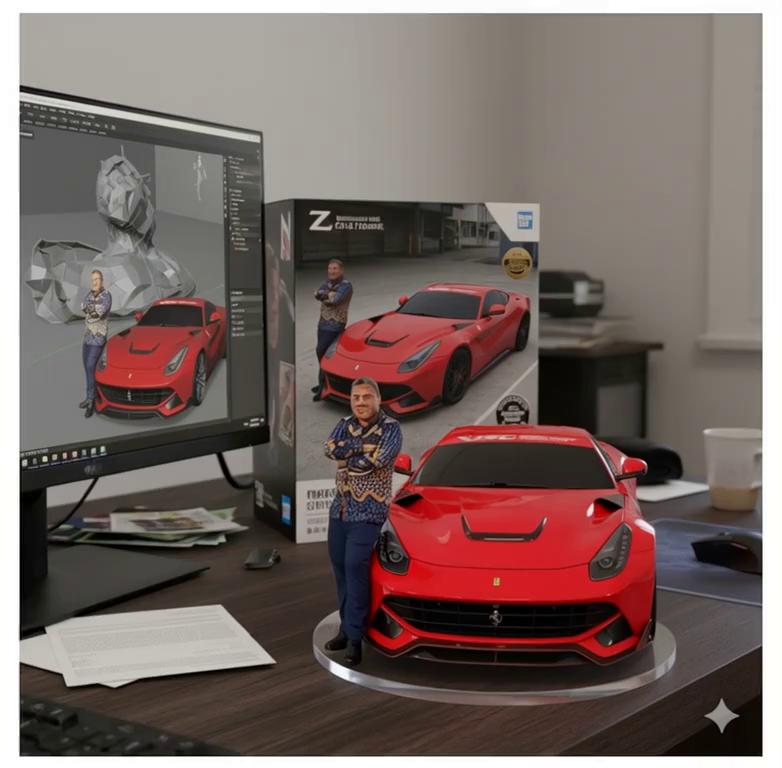 Prompt: two hand gently pick up the figure on the frame and rotate it slightly for inpection.the model in the packaging box remain stationary,while all other background elements stay unchanged.