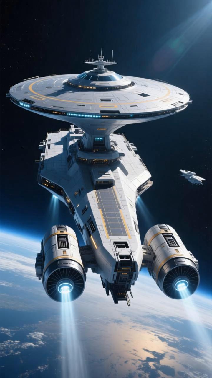 Prompt: an animation of a realistic enterpise like ship,but like the enterprise,just cut out everything for copyright ,but like an enterpise ship as in a saucer big deck,then a midlle body that connects the sauccer to the two nacell like engines in the back
in space, flying 
