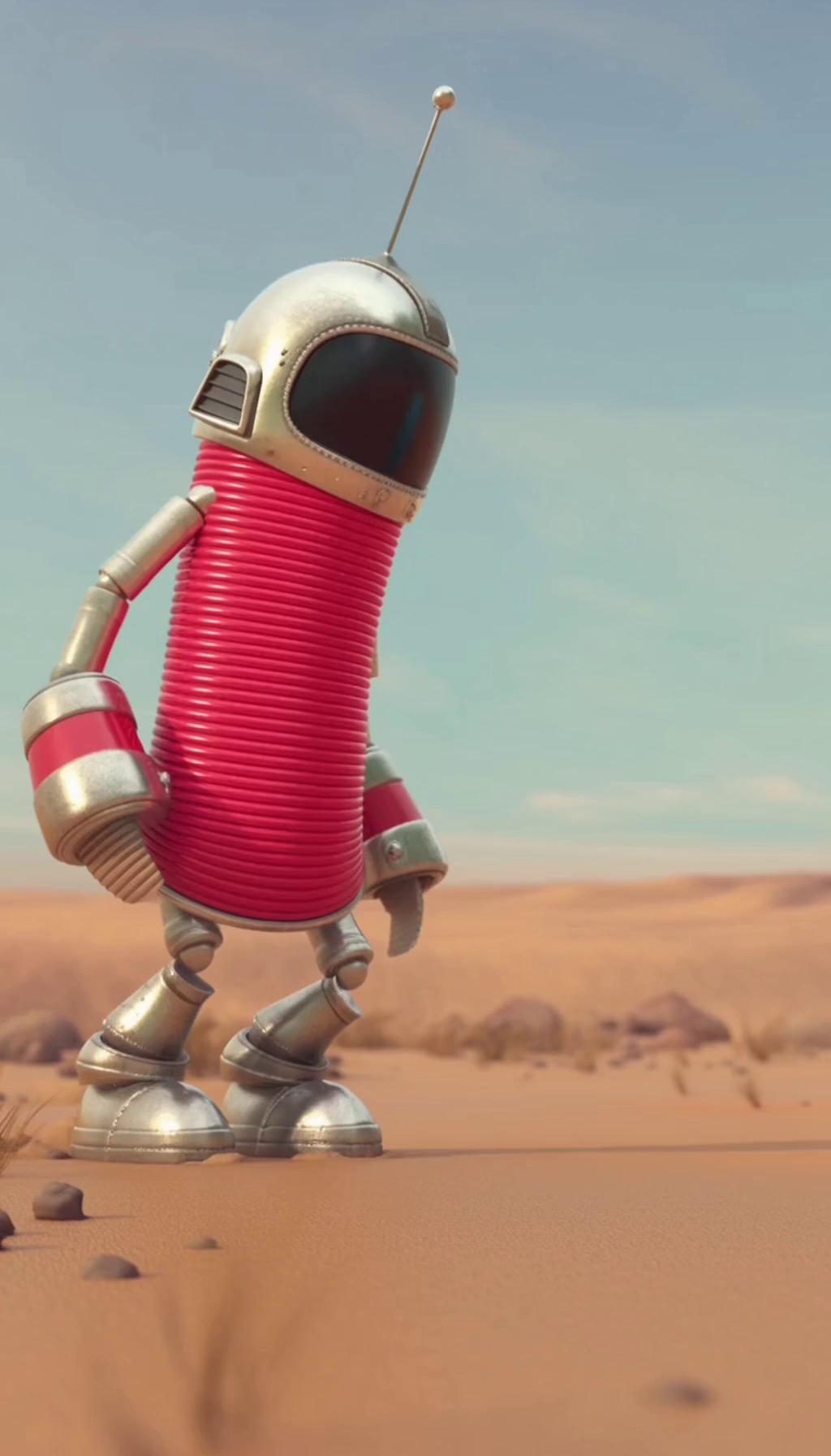 Prompt: a calm and chill robot like person,with a pointy anthenna on his head,and an armor only in his head ,feet and arms and then just like a spingly tube for members ,red one,is minding his own business and then suddenly a fast and withieyr one .with the same aspect but  turqouise, lays a bomb saying SHMI ,and the red one starts diging a whole to escape