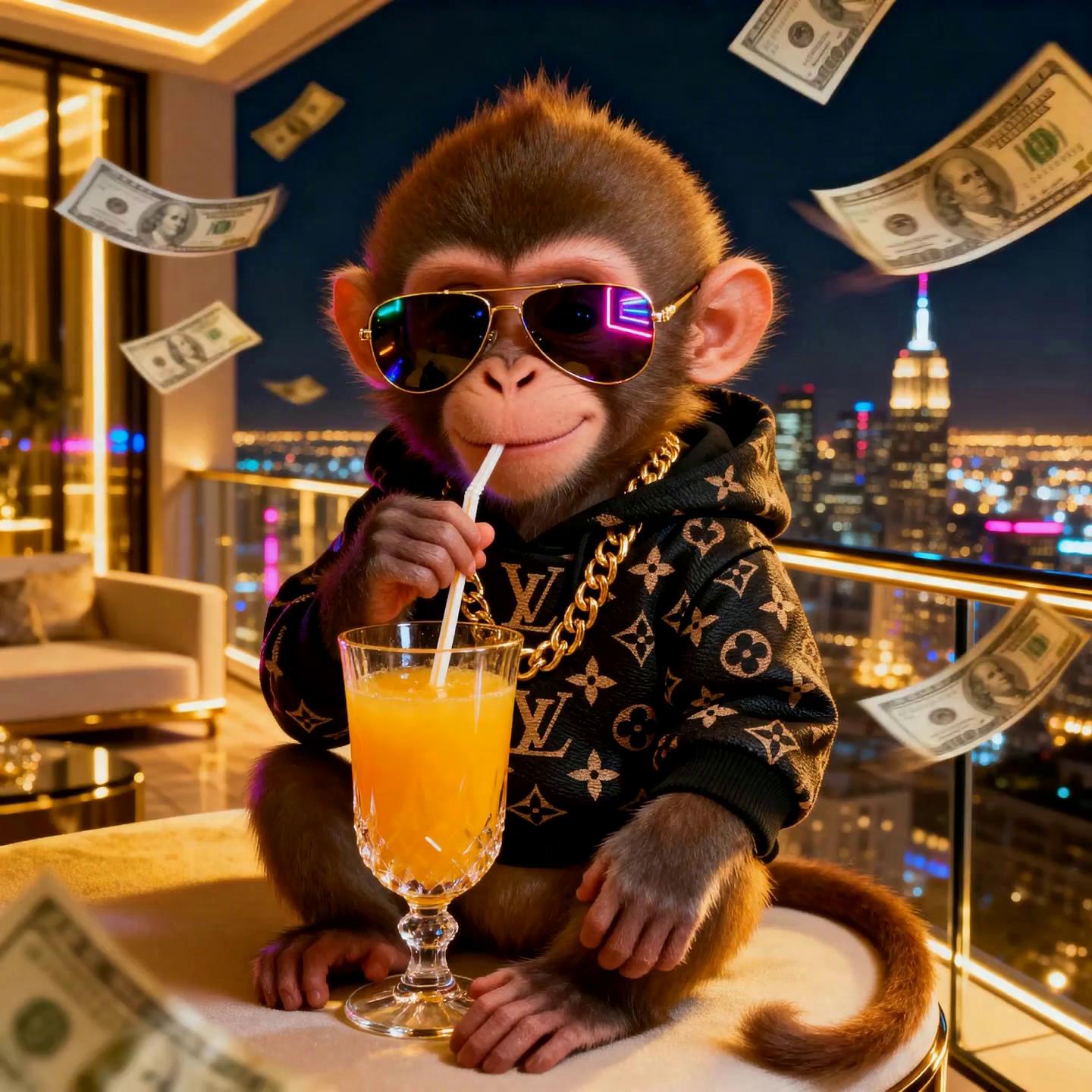 Prompt: soft focus on city lights(bokeh style) transition camera pans left to reveal monkey in focus, movement :slow orbit plus gentle push in toward the smile Ending with close up of monkey grin with background blur