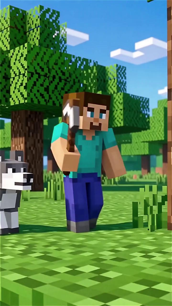 Prompt: Prompt :
Minecraft-style voxel world. Everything is blocky, square, and pixel-textured. Bright forest clearing. A blocky PLAYER swings a blocky pickaxe at a tree. The swing misses the tree and clearly hits their tame wolf on the side. Show a quick Minecraft “hit” knockback animation. The wolf whimpers and steps back. Keep it cartoony, not violent.

Camera: medium shot, slow pan
Important: include “voxel, blocky, Minecraft-style” every time