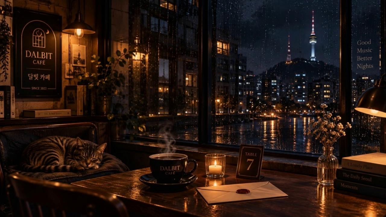Prompt: Locked-off static camera, no camera movement. Preserve the original composition and every object exactly. The tabby cat remains peacefully asleep and completely still. Gentle realistic rain slowly streams down the café window. Natural soft steam continuously rises from the hot coffee. Very subtle candle flame movement and wet city reflections outside. Calm, slow, photorealistic motion. No people appear. No vehicles entering the scene. No object movement, no morphing, no text changes. Designed as a seamless late-night ambient background.