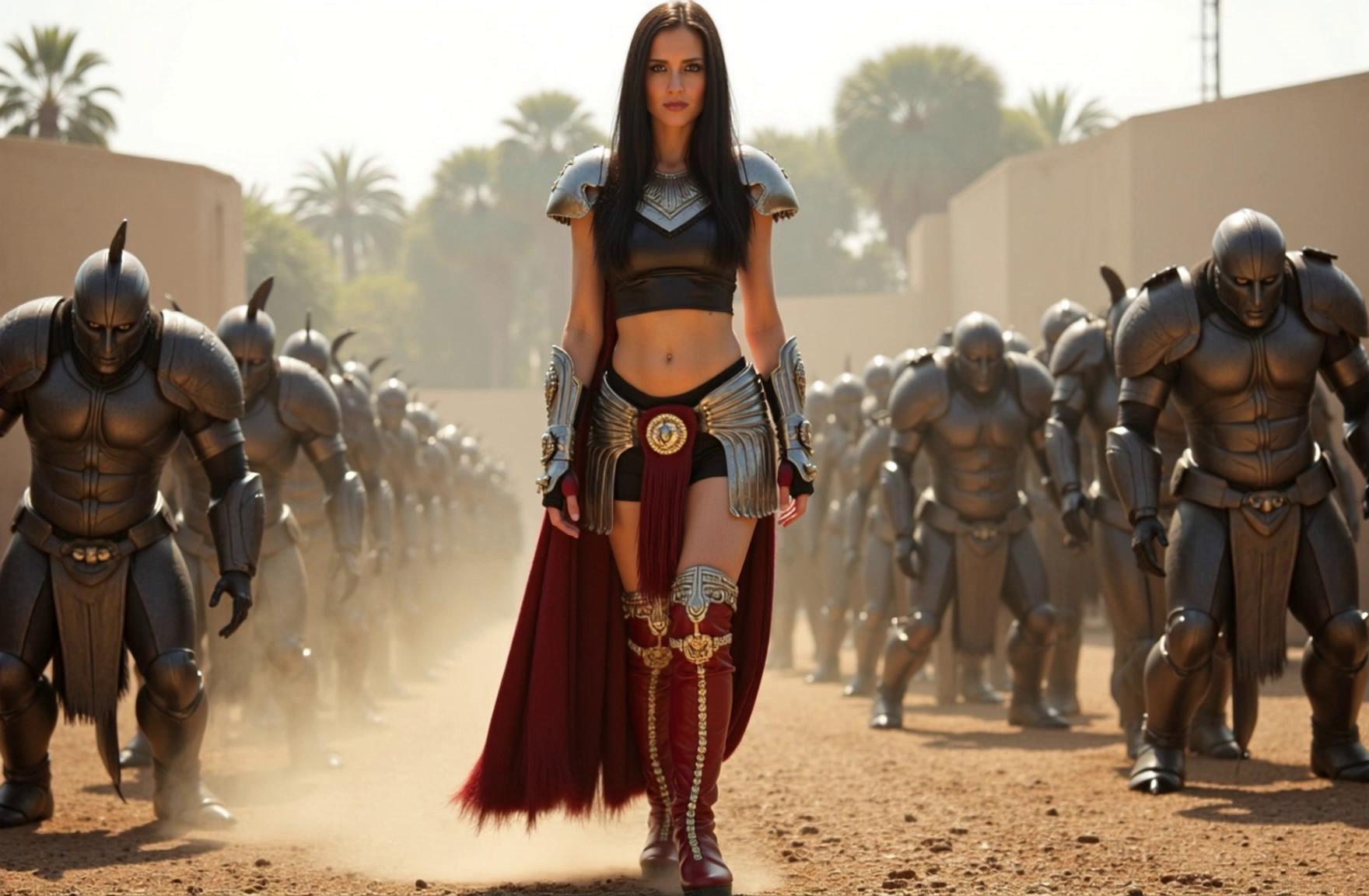 Prompt: a female warrior, walking with confidence, surrounded by chering warriors, the camera lashes back tracking her forward movement