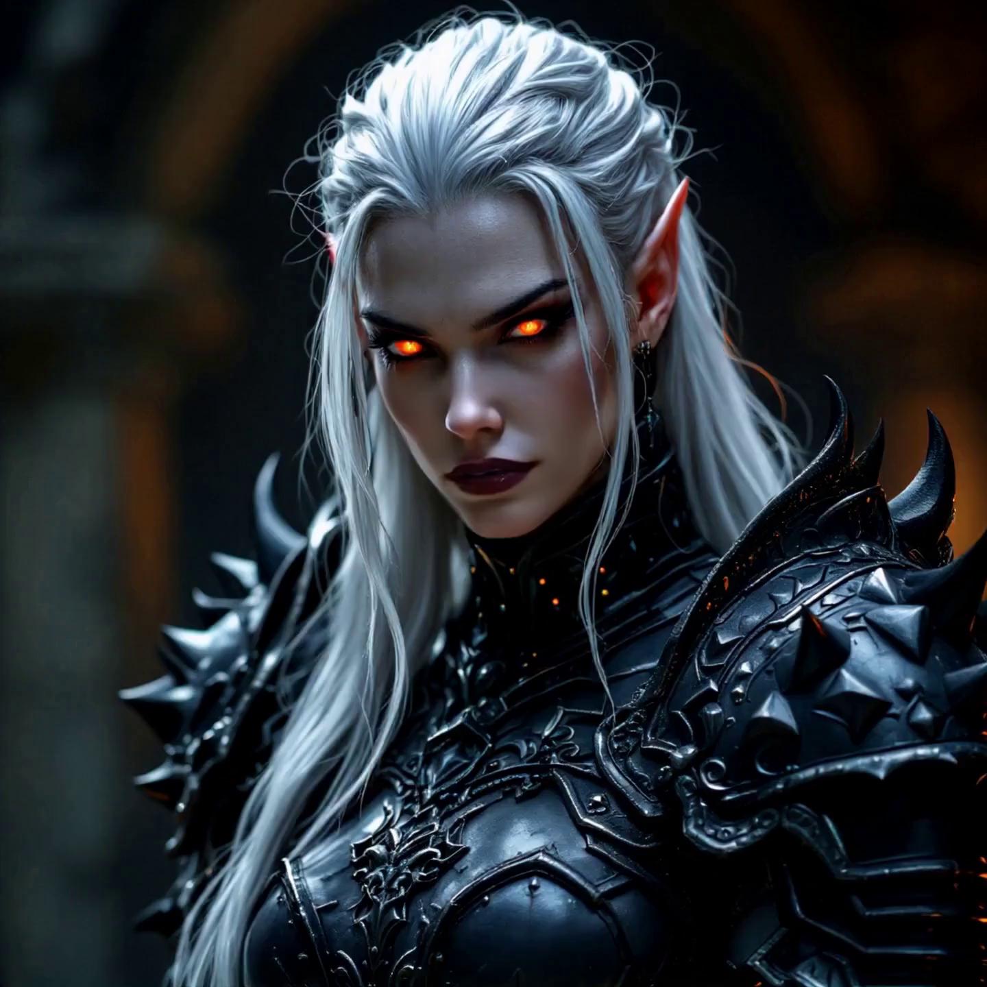 Prompt: A hyper-realistic 4K image of a powerful dark elf sorceress standing in a moonlit ruin. Evalonia has pale alabaster skin, glowing crimson eyes, long silver-white hair flowing behind her, and wears spiked necrotic armor with emerald veins and an open-chested high-collar gothic design. Her black cloak flutters violently as she casts a dark spell—one arm raised, the other gripping flaming violet  Arcane glyphs swirl around her, glowing in ghostly green and violet,  Mist coils around her. Cinematic lighting, intense shadows, detailed magical energy effects, atmospheric depth. Ultra-detailed textures on armor, skin, and fire—dark, dramatic fantasy tone.