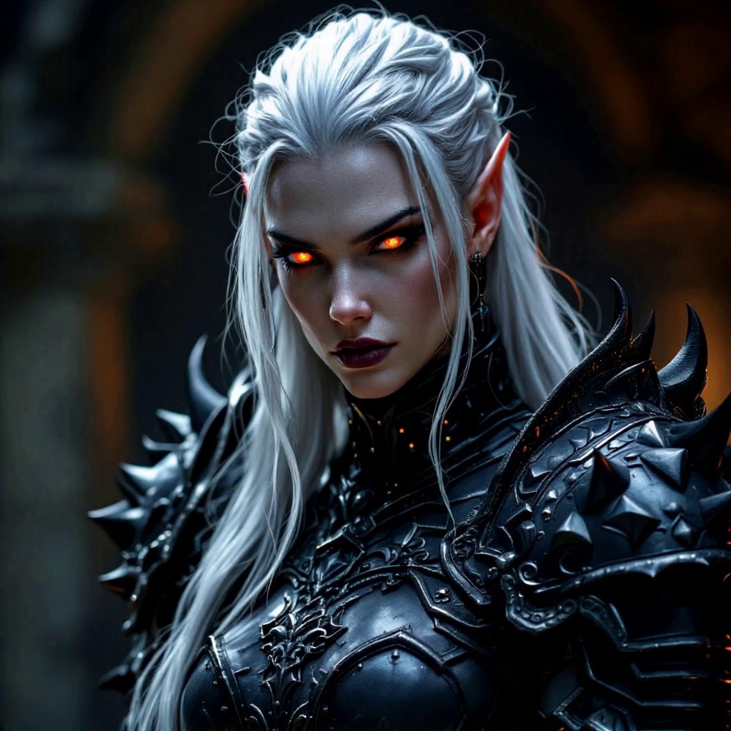 Prompt: A powerful dark elf woman with pale alabaster skin, glowing red eyes, and long silver-white hair stands in the middle of a ruined battlefield. She wears spiked necrotic armor with emerald runes and a tattered black cape that flutters in the wind. She raises her arms and violet flames erupt from her hands as she casts a spell of violet fire towards a horde of skeletons, unleashing a burst of spectral fire that incinerates charging skeletons with glowing orange eyes and jagged weapons. Smoke and ash swirl through a cracked stone landscape under a stormy crimson sky. Cinematic anime style, high contrast lighting, dramatic shadows, glowing magic effects.