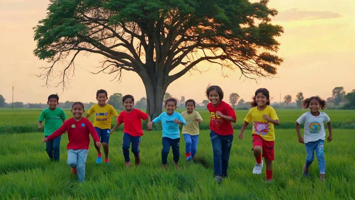 Prompt: Children playing happily in a green field in Bangladesh, golden sunset light, laughter, slow motion cinematic shots. Suddenly the scene transitions into a dark room where kids sit silently using smartphones, their faces lit by screen glow, emotional tone