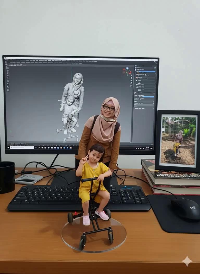 Prompt: Two hands gently pick up the figure in the frame and rotate it slightly for inspection. The model on the computer screen and the model printed on the packaging box remain stationary, while all other background elements stay unchanged.
