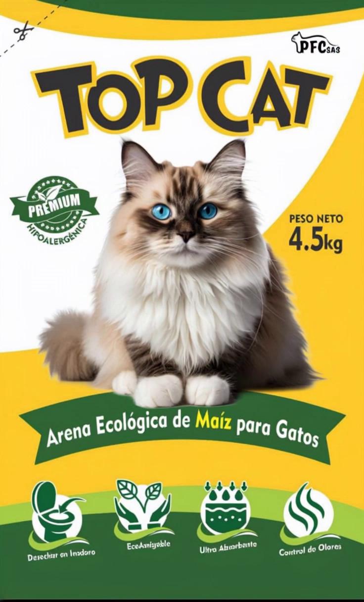 Prompt: Quiero realizar un video con el  gato de la imagen entrando al arenero en el cual hay arena de maiz  Marca Top Cat  y después  de usar la arena de maíz , el gato la recoge y la deposita  en el inodoro y el gato dice Top Cat Premium ja mejor arena del mercado