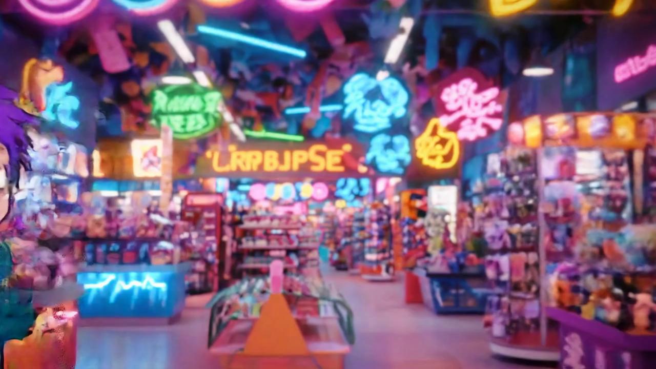 Prompt: Medium shot cartoon-style animation of an expressive ADHD character walking through a colorful chaotic shopping mall with flashy neon signs and impulse-buy displays everywhere. Character talks rapidly "Ooh that's cute wait do I need it no I'm being smart" as they gesture excitedly at products. Bright saturated colors with pink blue yellow neon lighting pulsing from store signs. Camera slowly pans right following the character's movement. 24 fps vibrant cartoon aesthetic with exaggerated expressions single breathy line for lip sync clarity.
