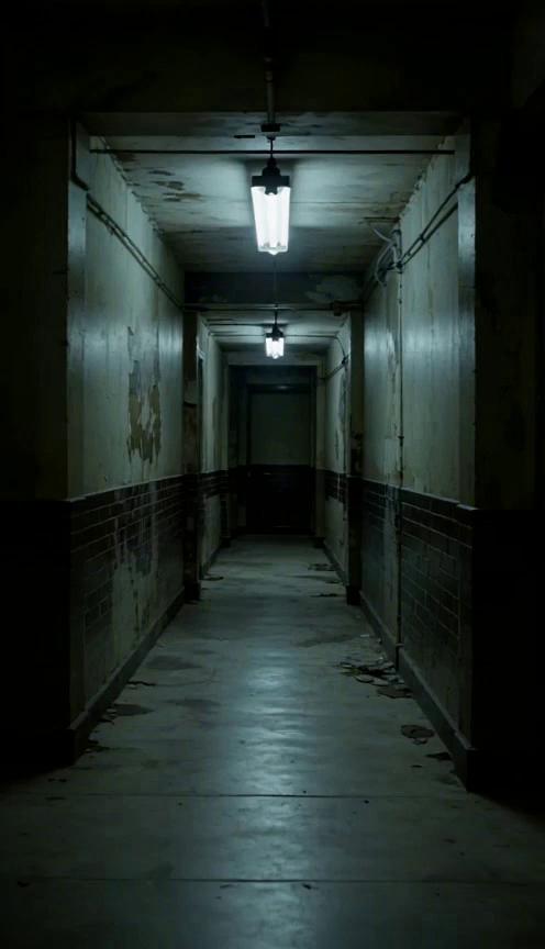 Prompt: A dark, abandoned hallway flickers under a single buzzing fluorescent light. The camera slowly moves forward. Walls are stained and peeling. A child’s whisper echoes, unintelligible. Shadows twitch at the edge of the frame. The light suddenly cuts out. Complete darkness. Heavy breathing. A distorted face flashes inches from the camera for a split second. Silence.