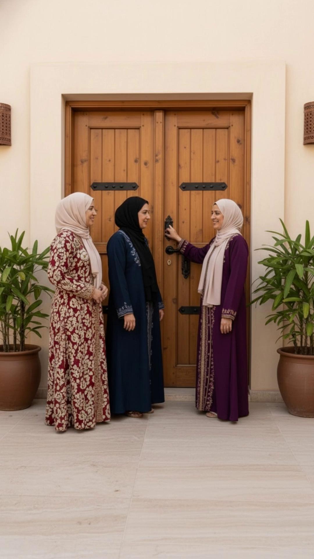 Prompt: Transition to Scene 2 — The door opens:
The camera slowly dollies forward as the wooden door opens inward, toward the side of the woman wearing the green hijab.
Motion is smooth and elegant, with a subtle parallax effect from the door frame.

Scene 2 — Warm greeting:
The woman in the green hijab appears with a bright, welcoming smile. Her expression is warm and inviting.
She steps slightly forward, leaning gently as she greets her guests with a traditional Omani gesture of hospitality.
Camera cuts to a close-up: her smiling face, soft light catching her eyes.
Then a medium shot shows her extending her hand to greet them one by one.

As they greet:
• The women exchange warm smiles.
• Hands reach out for a polite shake.
• Their body language expresses familiarity, kindness, and cultural warmth.

Entrance into the house:
The camera smoothly shifts behind the guests as the green-hijab woman gestures inward, inviting them to enter.
She steps back gracefully, holding one door leaf open.
The scene transitions naturally into the courtyard:
– A soft fade or match-cut shows the women now seated on the pink traditional mat.
– The Arabic coffee set, dates, and fruit plates appear beautifully arranged.
– The mood becomes lively, friendly, and intimate.

Lighting and style:
Warm natural light, soft shadows, realistic skin tones, high-detail fabric texture, traditional Omani aesthetic.
Color palette: warm wood, neutrals, deep jewel-toned dresses, soft greens.
Camera movement: slow, cinematic, smooth.
