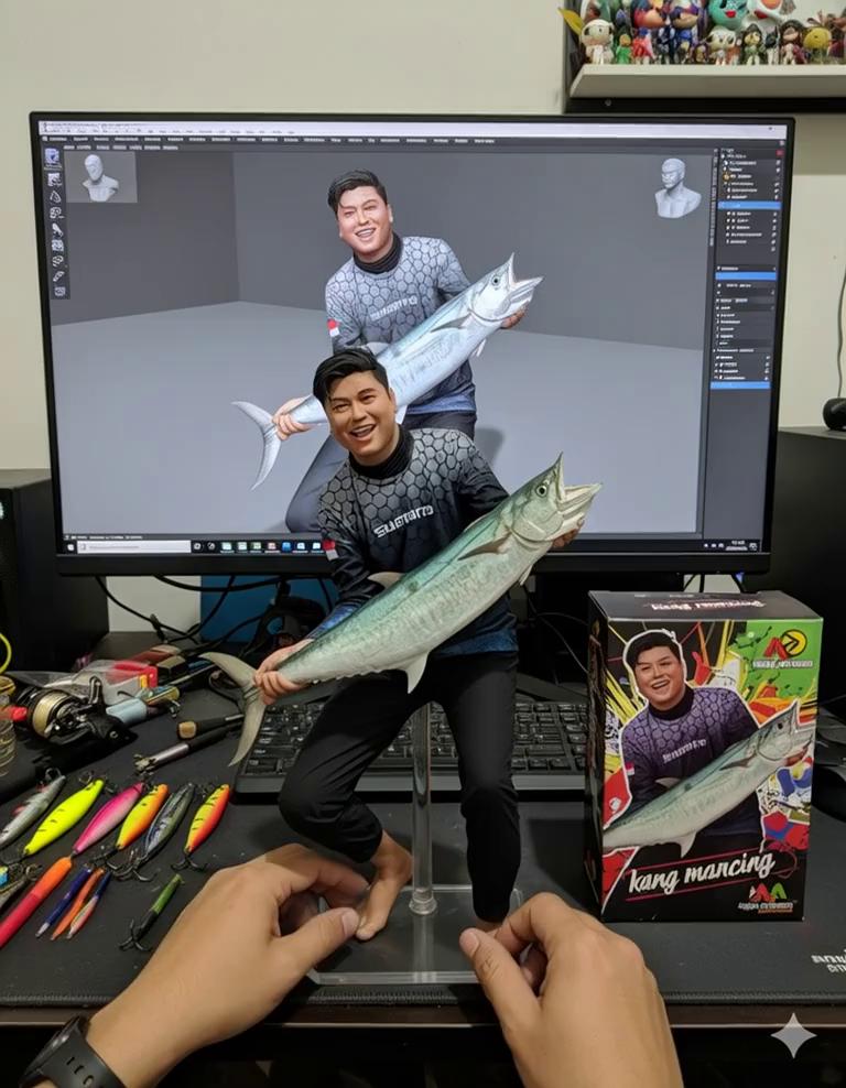 Prompt: Nure two hand gently pick up the figure on the frame and rotate it slightly for inpection.the model in the packaging box remain stationary,while all other background elements stay unchanged.