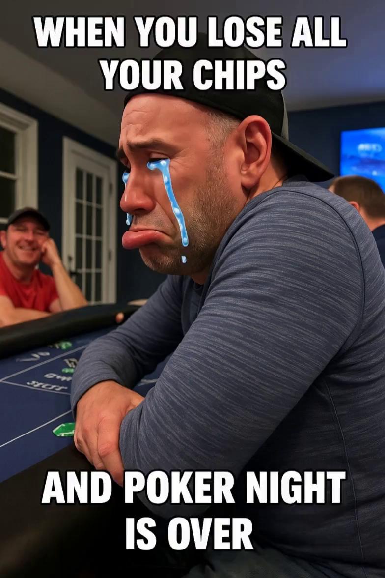 Prompt: Title: “Last-Chip Lament”

SHOT 1 – TABLE CLOSE-UP (0-3 s)  
Cinematic dolly across a cluttered poker table lit with dramatic top-light. Green felt, scattered chips, cards, and a single last $25 chip in the foreground. Lens: 35 mm, shallow DOF, Marvel-grade color grade (teal/orange).

SHOT 2 – HERO REVEAL (3-6 s)  
Cut to side profile of our player (baseball cap backwards). He sighs; oversized, glossy **anime-style blue tears** burst from each eye and stream down, his **lower lip inflates into a cartoonish wobble**. Camera pushes in; HDR skin texture + stylized cel-shaded tears.

SHOT 3 – POWER-DOWN TRANSFORMATION (6-10 s)  
Electric blue energy crackles (Kirby-Krackle VFX). Body shrinks in a swirling particle vortex → morphs into a chubby **crying baby** in identical cap and tiny hoodie. Tears now even bigger; baby pounds tiny fists on felt.  Phantom-cam speed-ramp (120 fps → 24 fps).

SHOT 4 – TABLE-WIDE PAY-OFF (10-13 s)  
Wider crane shot: other players stare, jaws dropped. Chips fly off table as baby’s wail triggers shock-wave (subtle ripple shader on air). Neon HUD overlay flashes “BUSTED!”

SHOT 5 – MARVEL TAG (13-15 s)  
Logo smash: metallic text “POKER: END GAME” slams down with lens-flare. Quick stinger of dealer cheekily shaking tip jar.

AUDIO  
• Intro: low-rumble sub-bass + card-shuffle foley.  
• Tears pop SFX + comedic violin “sad trombone” lick.  
• Transformation: rising synth gliss + baby cry.  
• Final sting: orchestral hit + cymbal swell.

LIGHTING & STYLE  
Marvel Studios polish, volumetric dust, rich contrast, anamorphic flares. Keep humor foregrounded, but with superhero-film production value.

DURATION: 15 s total.