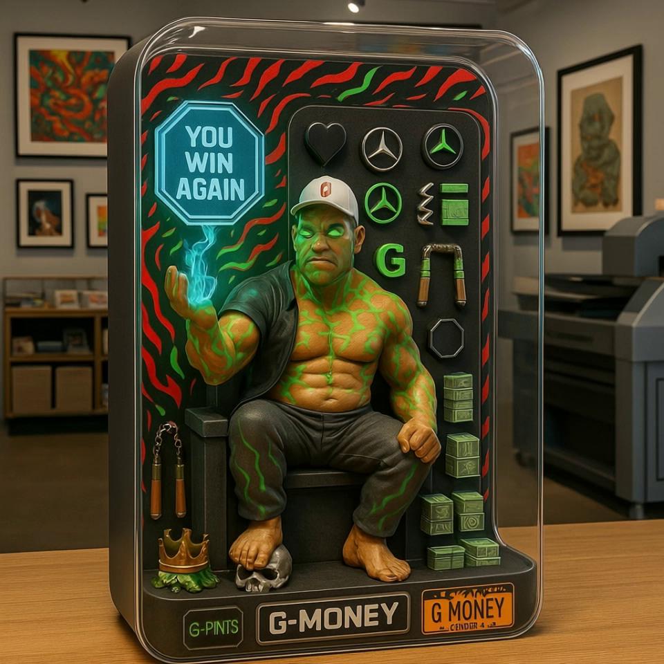 Prompt: Show this character breaking out of the box and walking on the table towards the camera aggressively 
