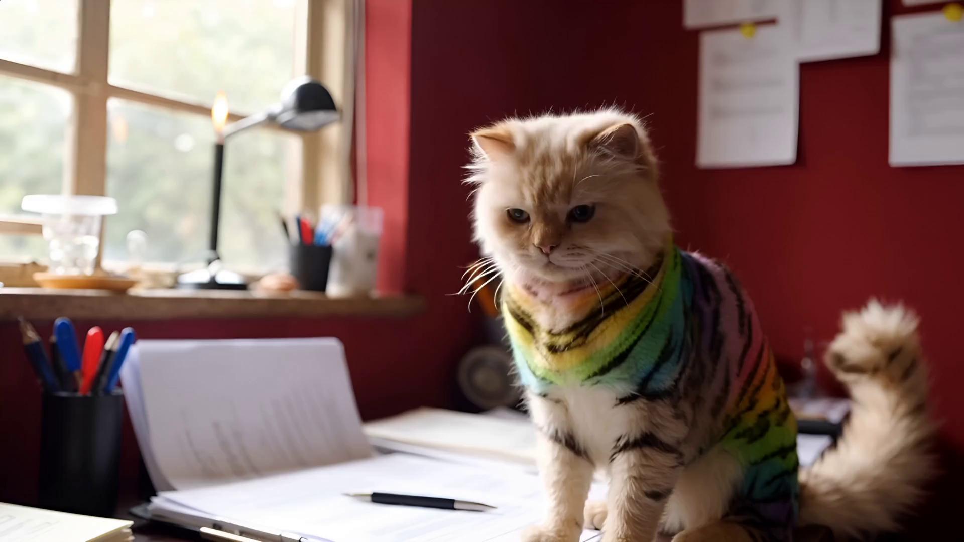 Prompt: MAKE THE PERSIAN CAT INTO A PSYCHEDELIC CAT USING THE COLOURS OF A TIGER AND THEN MAKING A SOUND LIKE A TIGER