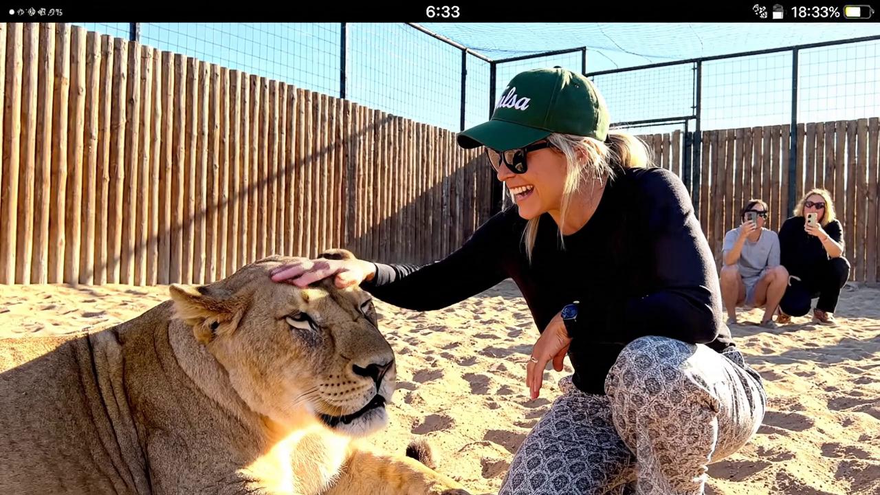 Prompt: This photograph captures a candid moment of a blonde woman interacting with a lioness in a sunlit, enclosed outdoor area. The woman, positioned in the center-right of the image, is crouching down with a joyful expression, her mouth open in a wide smile. She is wearing a dark green baseball cap with the word "Tulsa" embroidered in white, black sunglasses, a black long-sleeved shirt, and patterned, loose-fitting pants in shades of gray and white. Her right hand is gently touching the lioness's head, which is resting on the sandy ground. The lioness, located in the bottom left of the image, has a light tan coat and is lying down with its eyes closed, seemingly relaxed.

In the background, a wooden fence with vertical slats and a mesh top runs horizontally across the image, providing a boundary for the enclosure. The ground is covered in fine, light brown sand, and the sunlight casts soft shadows, indicating it is a bright, sunny day. To the left, partially visible, is another person wearing a blue shirt and light blue shorts, standing and observing the interaction. The upper part of the image includes a smartphone interface with a clock showing 6:33, battery life, and signal strength. LEAVE THE HAT ON AND USE THE WOMAN IN THE PIC AND NOW SHE MUST SAY TAKES A LEO TO KNOW A LEO
