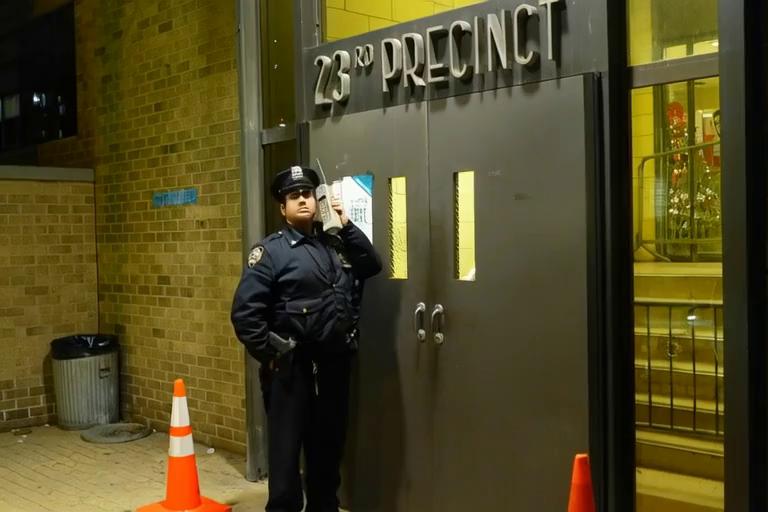 Prompt: police officer is startled while he is on his cellphone as the doors suddenly blow open and a stampede of rampaging supersized top and bottom heavy ebony women run out from the open doors of teh building, a trail of dust and smoke ensues as teh stampede almost tramples the man on his cellphone