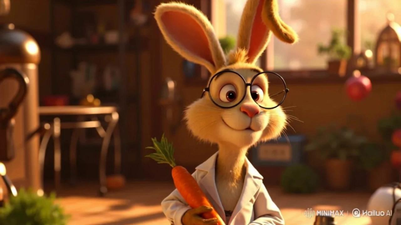 Prompt: Pixar-style animated scene of a golden-furred rabbit inventor named Professor Hops, in a cozy, cluttered laboratory glowing with warm light. He has an oversized head (1.5x his body size), giant expressive eyes (30% of face), and one floppy left ear that droops charmingly. Wearing a white lab coat stuffed with carrots in the pocket, his round glasses keep sliding down his nose. He stands beside a bubbling experiment with steam and sparks, explaining something cheerfully with a gentle smile. The background shows whimsical scientific gadgets, carrot tea brewing on a small burner, and scribbled chalkboard formulas. Child-friendly, heartwarming, Pixar-like lighting and character detail, emphasis on charm, curiosity, and inventiveness."
Frame 1 – Begrüßung im Labor:

"Rabbit professor looks up from a glowing device, glasses askew, waving with a carrot in hand. Background lit warmly with soft glows and quirky machinery."

Frame 2 – Brille rutscht, Ohr wackelt:

"Close-up on Professor Hops’ face as glasses slide, he pushes them up while floppy ear bounces. Soft laugh and gentle eyes full of wonder."

Frame 3 – Spruch-Moment:

"Professor Hops pointing to a floating chalkboard projection, saying 'Science is like carrot cake – best when shared!', with a soft glow around him."

Frame 4 – Tüftel-Szene mit Kindern:

"Surrounded by curious children, the rabbit demonstrates an invention, small carrot sparks fly. Kids amazed, rabbit giggling proudly."
