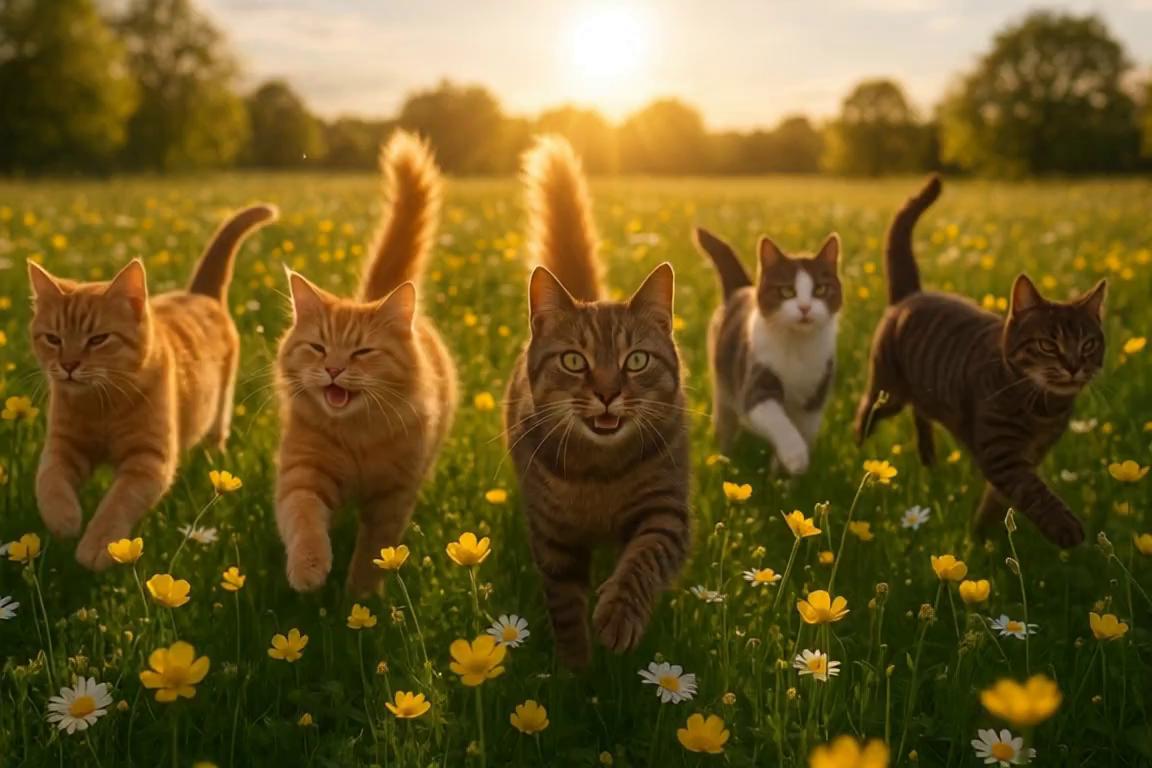 Prompt: cats running happily through a field of flowers