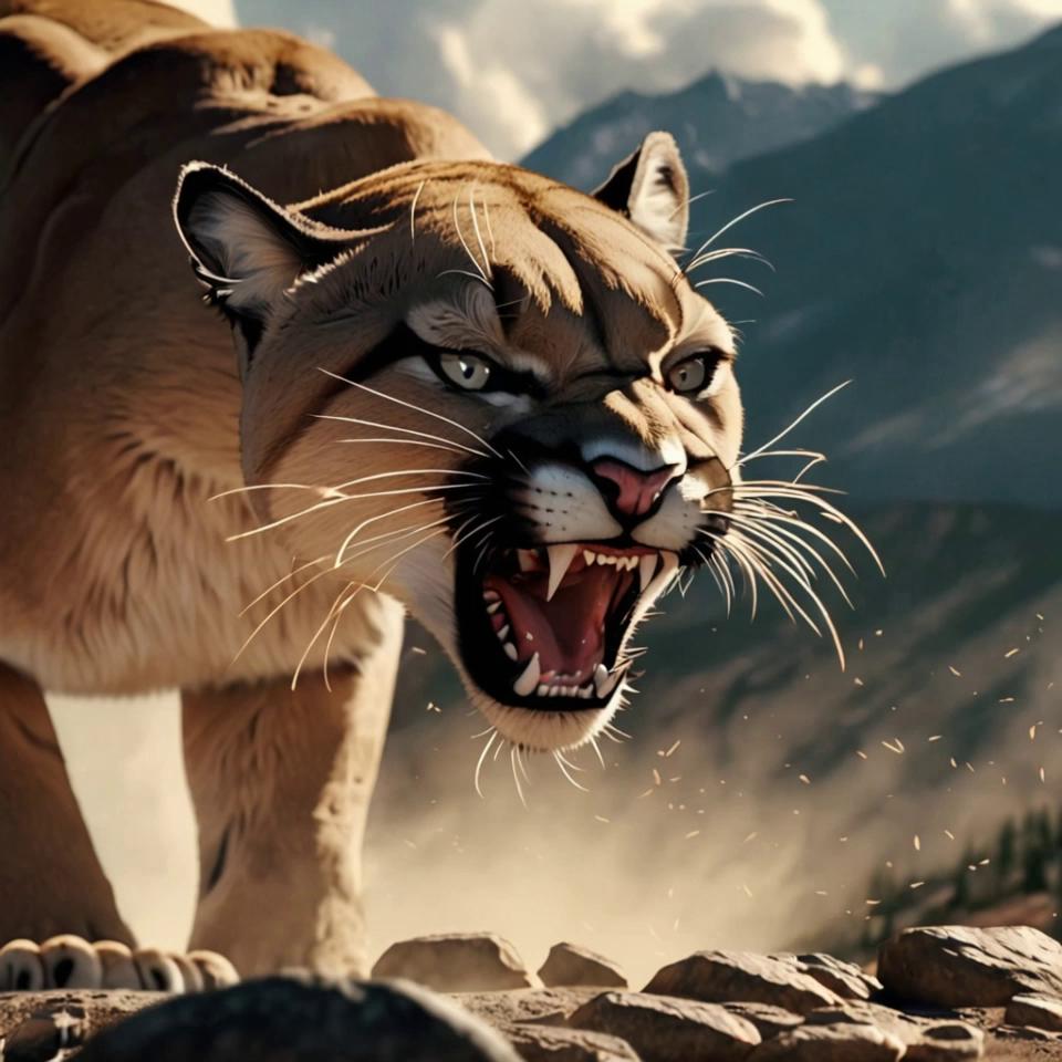 Prompt: Dynamic emotional scene, close-up of a fierce puma baring teeth, growling protectively in front of her cub, rocky mountain background, dust swirling, low camera angle circling slowly around the puma, wind effects, tense atmosphere, cinematic lighting, ultra-realistic, 4K

