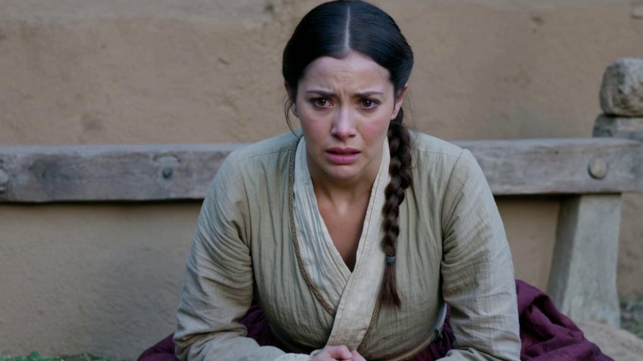 Prompt: Corazona wearing peasant medieval attire kneels down and looks into the camera . She is crying.