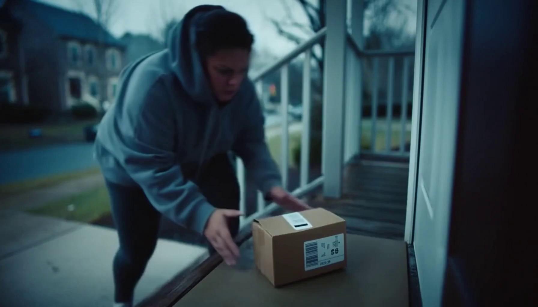 Prompt: A Hyper realistic, cinematic film scene unfolds in a quiet suburban neighborhood at dusk, overcast sky casting cool blue-gray tones across neatly lined houses and damp concrete sidewalks, shot on a shallow depth-of-field anamorphic lens with soft edge distortion and muted contrast. A plus-size adult woman in her late 30s, wearing a stretched hoodie, dark leggings, and scuffed sneakers, nervously scans the street before stepping onto a stranger’s porch; her face shows anxious determination, cheeks flushed, breath visible in the cool air as she reaches for a small cardboard package near the door. The camera starts low and handheld, slightly shaky, tracking her hands as they clutch the box, then whip-pans as she suddenly bolts down the porch steps, motion blur emphasizing urgency. As she runs, the package emits a sharp electronic chirp and bursts open in a non-lethal, symbolic explosion—a sudden plume of compressed air, bright powdered dye, and confetti erupting outward in slow motion, filling the frame with swirling color and debris, no flames, no injury, purely visual shock. Lighting shifts dramatically as porch lights flick on, illuminating particles in the air with crisp rim light and reflective highlights, shadows stretching across the ground. The sound design features hurried footsteps, fabric rustling, distant traffic hum, a sharp pop followed by a hollow whoosh, confetti raining down, and a sudden drop into muffled ringing for cinematic impact. The camera freezes briefly on her stunned expression as colored powder coats her clothes, then pulls back into a wide shot of the quiet street reclaiming its calm, rendered in ultra-detailed textures, photoreal skin, cinematic lighting, 8K film rendering, dramatic realism, and immersive atmosphere. 12 seconds.