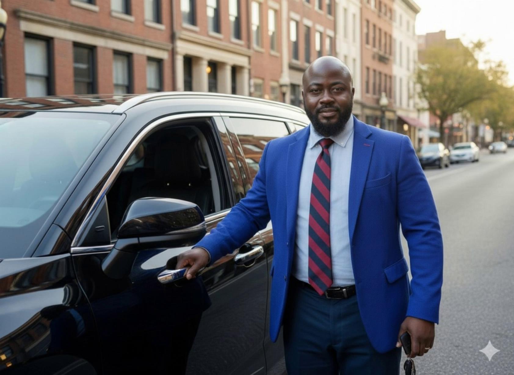 Prompt: Ultra-realistic cinematic image of Yasser standing beside his black Toyota Grand Highlander on a quiet Washington DC street, sunset light soft on the car body.He is opening the driver-side door (left side, American orientation) while smiling, preparing to sit inside.The scene captures him mid‑movement, one hand on the door handle, the other holding his keys.The car’s interior is softly illuminated by golden light from outside.Realistic city surroundings with tree-lined sidewalks and cafes in the background.Cinematic mood of success and calm determination.16:9 aspect ratio, shallow focus, film-color tone balance between golden warmth and deep blu
