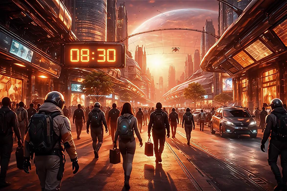 Prompt: A busy Mars city at 8:30 AM glows under a red sunrise, with futuristic domes and buildings reflecting warm light. Colonists in advanced space suits hurry through transparent streets while hover vehicles glide smoothly above, leaving streaks of motion in the sky. Robots assist people along the sidewalks, holographic signs flicker softly, and the faint dust of Mars drifts through the air. The camera slowly moves forward, tracking the commuters, then tilts up to follow flying shuttles between domes. Colonists interact, children play in dome parks, and markets bustle quietly in the background. As the camera pulls back, the full cityscape is revealed, stretching toward distant red mountains, with Earth hanging as a tiny blue dot in the sky. The scene conveys a world that is harsh yet alive, showing humans adapting, working, and dreaming millions of kilometers from home, with soft cinematic lighting and smooth, dynamic motion throughout.