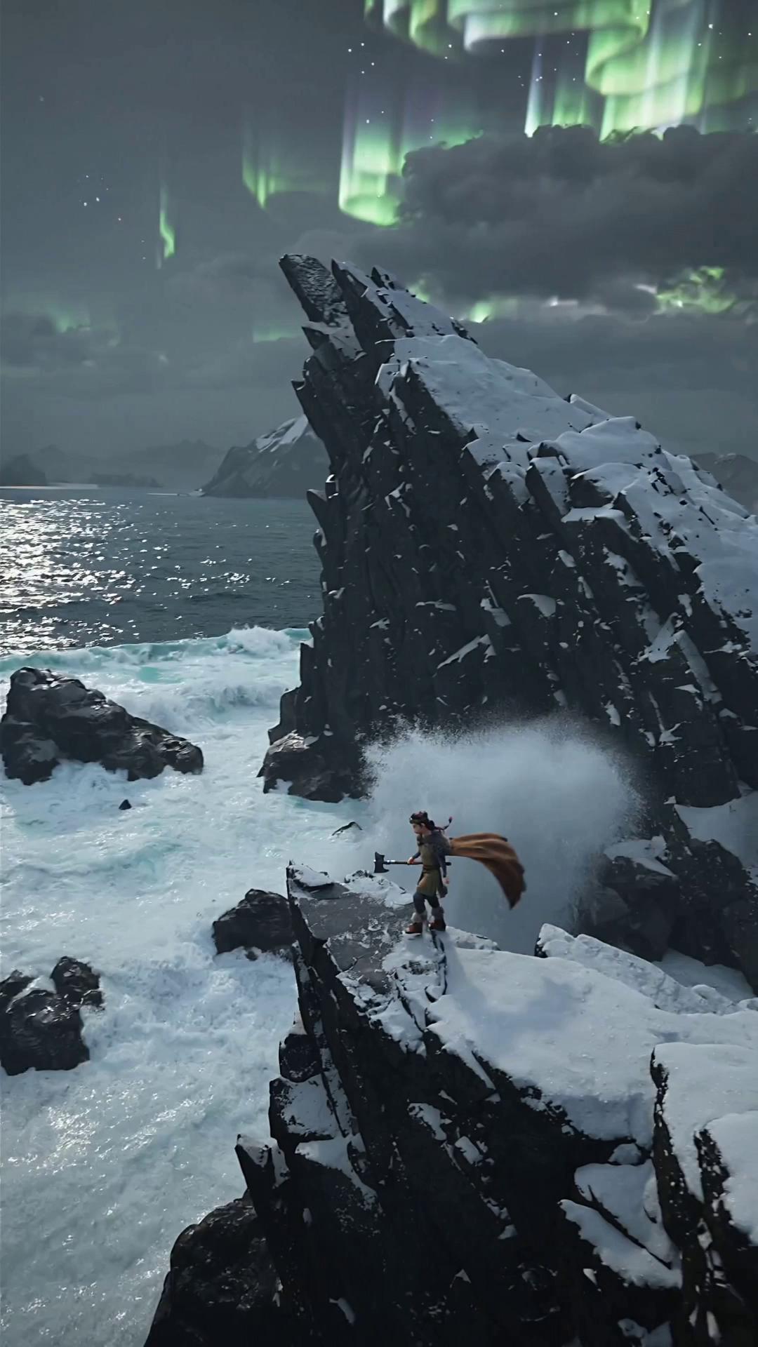 Prompt: Create an ultra–high-quality CGI 3D cinematic 10-second scene of a young Viking teenage girl destined to become a queen, standing on a jagged northern cliff during a violent winter storm. The roaring ocean crashes below, wind whipping her braided hair and fur cloak. Aurora Borealis swirls through dark storm clouds as lightning flashes. A colossal dragon bursts out of the clouds, wings beating thunderously, embers falling from its mouth. The Viking girl steps forward, raising her axe with both hands, eyes filled with fearless determination as her breath turns to cold vapor.

Camera movement: Start with a sweeping aerial wide shot rushing toward the cliff (0–2s). Transition into a dramatic orbit around her as the dragon emerges behind her (2–5s). Cut to an intense close-up of her eyes with aurora reflections as the dragon roars (5–7s). End with a low-angle heroic shot behind her as the dragon dives toward her, wings fully extended, while she steps forward ready to strike, a faint glowing crown forming above her symbolizing her future as queen (7–10s).

Full movement and FX: cloth physics, hair motion, heavy wind effects, drifting snow, fog, embers, dragon heat distortion, aurora glow, cinematic lens bloom, lightning bursts, camera shake on roar, depth of field, god rays.

Sound: howling wind, ocean crashes, dragon roar, wing gusts, fire crackle, metallic axe movement, deep rising war drums, and a faint whispered prophecy: ‘Become the queen you were born to be…’”**