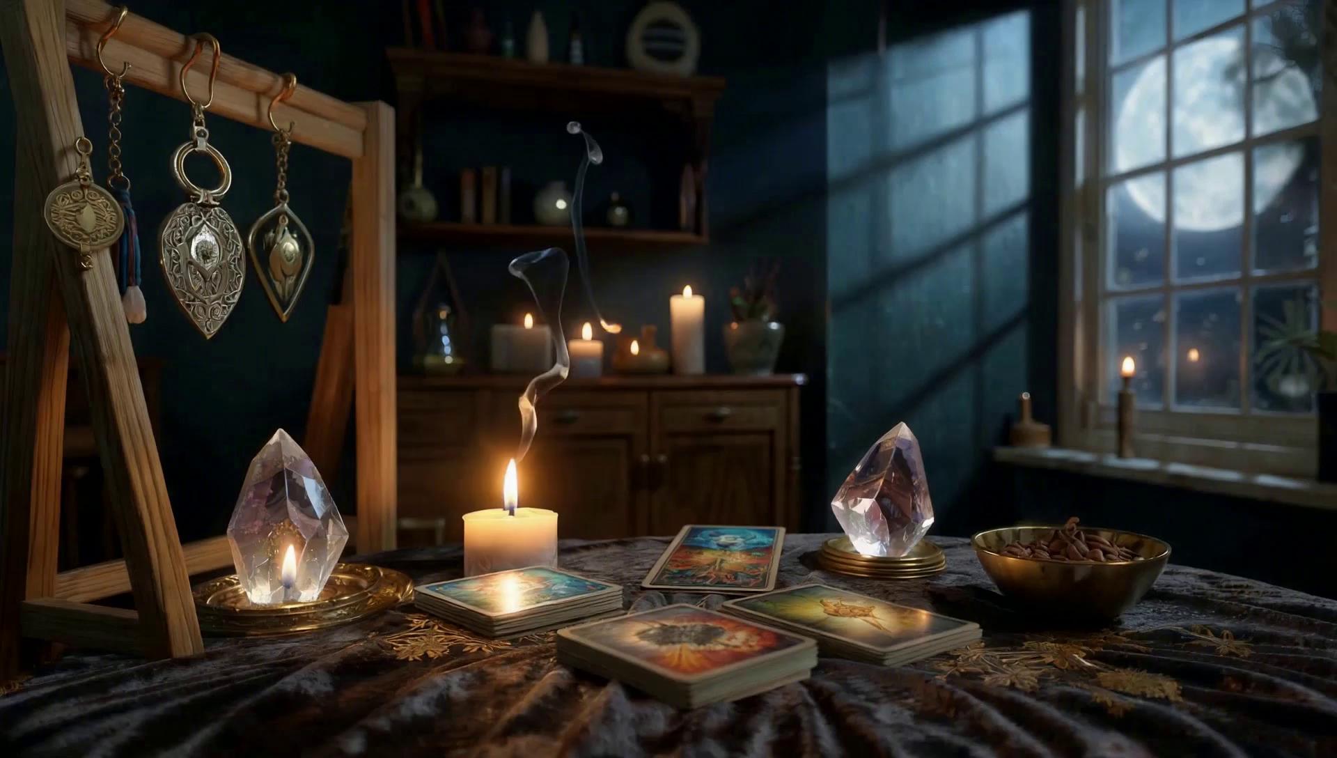 Prompt: 3D VIDEO OF A COZY WITCHY TAROT READING ASMR SCENE, DIMLY LIT WITH FLICKERING CANDLELIGHT AND GLOWING CRYSTALS. A VELVET-DRAPED TABLE WITH A SPREAD OF TAROT CARD, INCENSE SMOKE CURLING IN THE AIR, AND A SOFT GLOWING MOONLIGHT THROUGH A WINDOW. THE ATMOSPHEREIS MYSTICAL AND SOOTHING, WITH GENTLE WHISPERS IMPLIED. 